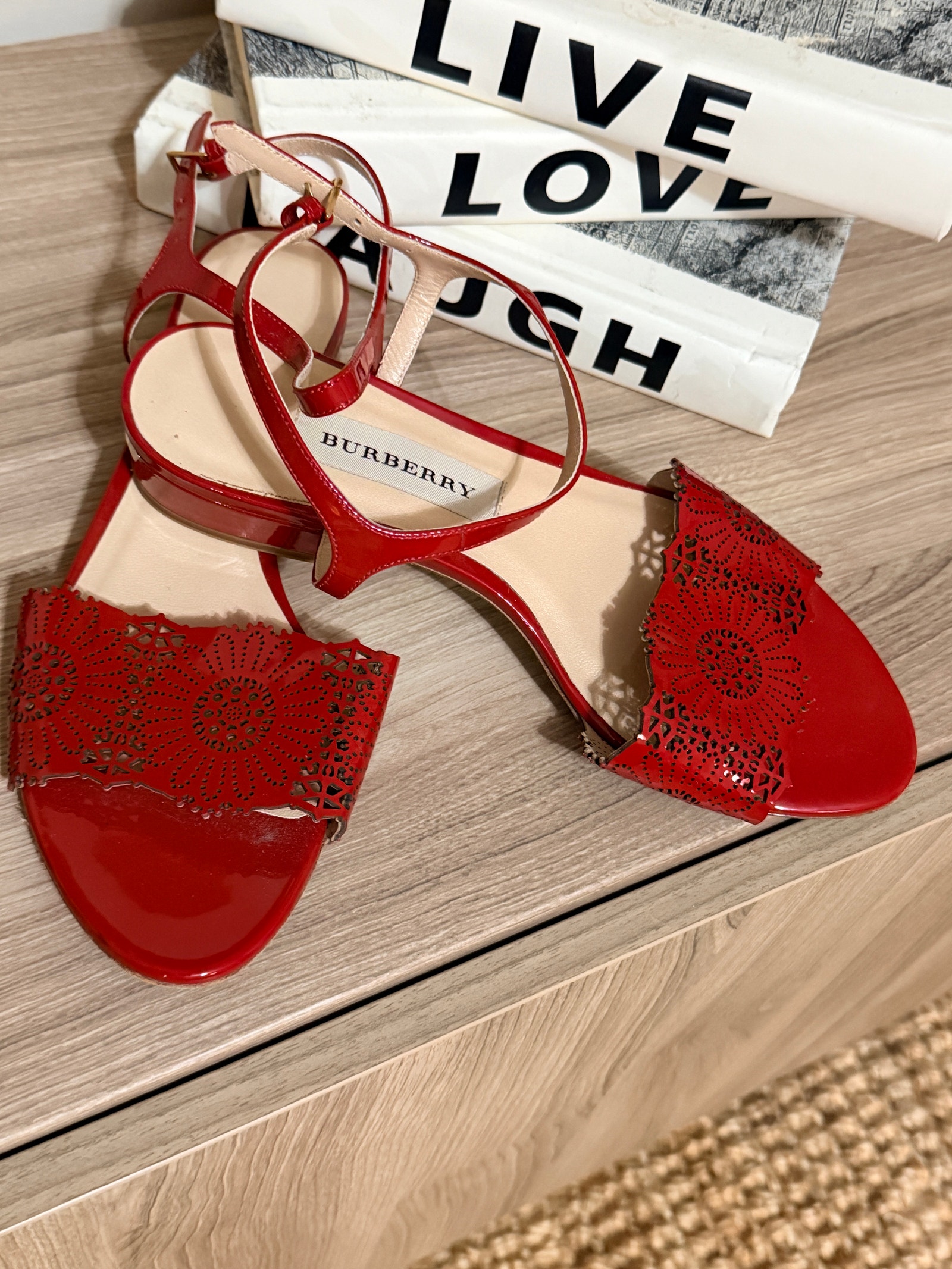 Burberry Adenvale Laser Patent Leather Ankle Strap Sandal Red Block Heel 37.5